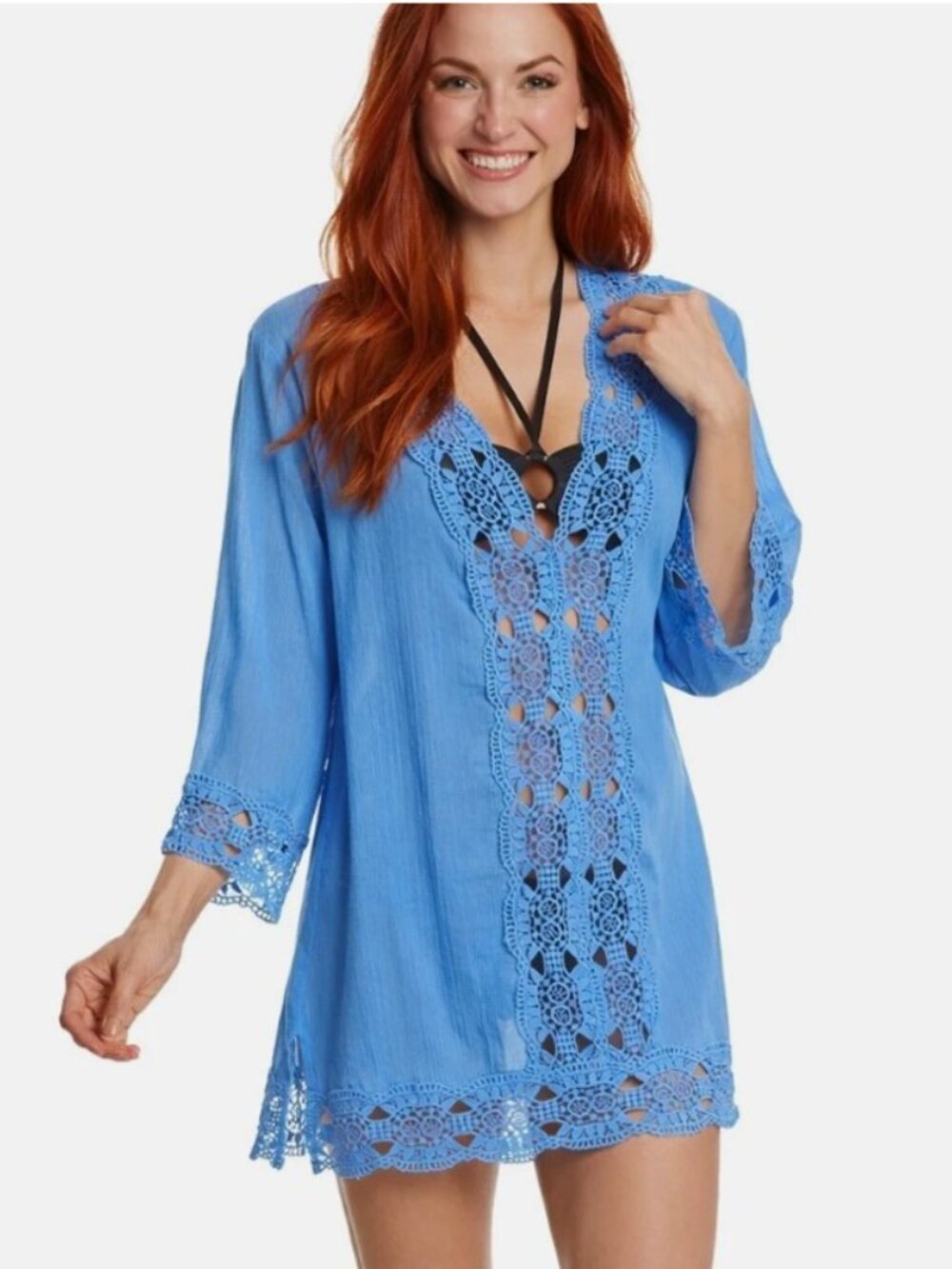 LA BLANCA Beach Cover Up Island Fare V-Neck Tunic Blue Size S